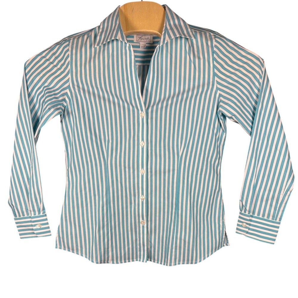 Foxcroft Womens Teal White Striped Button Down Cotton Blouse Shirt Size 6 823682